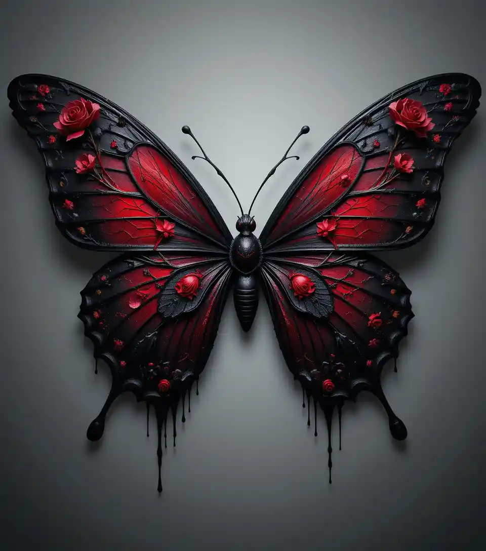 Papillon gothique avec roses rouges et ailes sombres dégoulinantes
