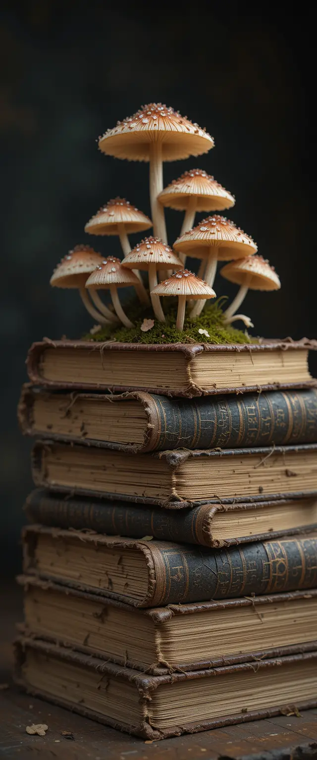 Verwitterte Bücher mit bunten Pilzen vor dunklem Hintergrund