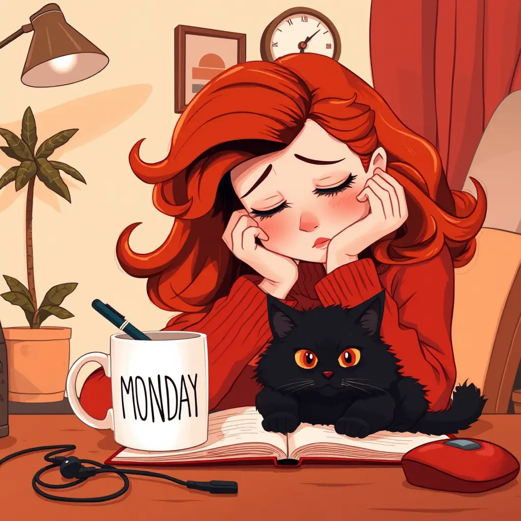 Jeune fille rousse fatiguée avec un chat noir un lundi