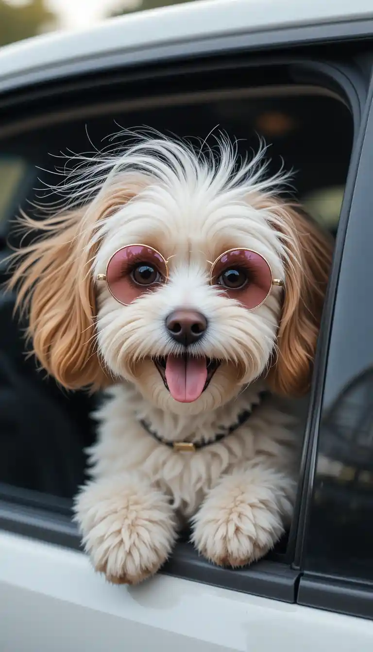 Adorabile cane cavapoo che si gode il vento con occhiali da sole rotondi