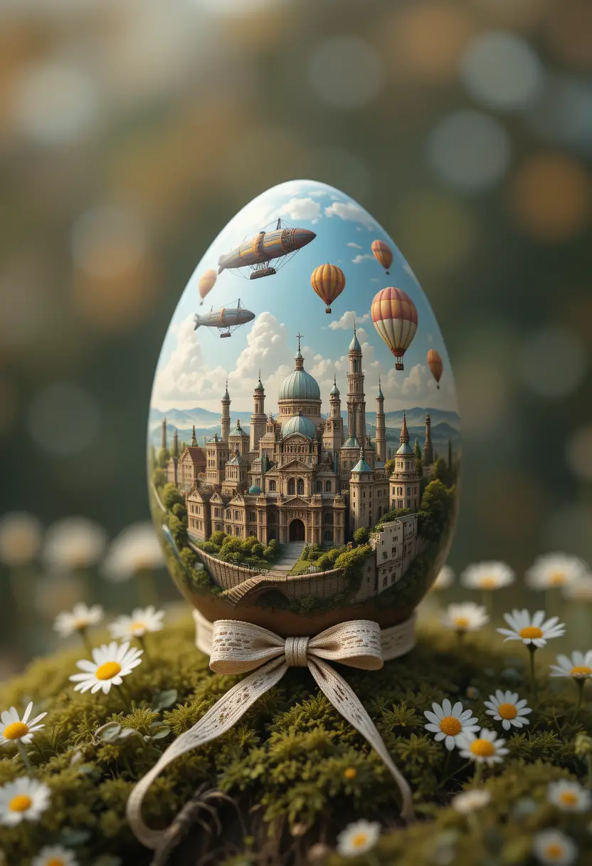 Œuf de monde fantastique sur la mousse avec paysage urbain steampunk