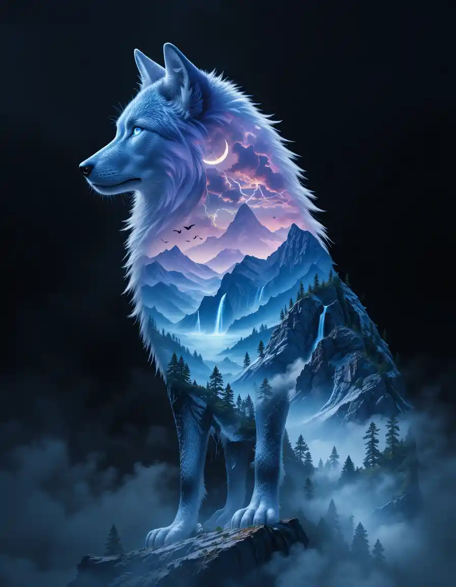 Elegante Wolfssilhouette mit surrealer Berglandschaft im Inneren