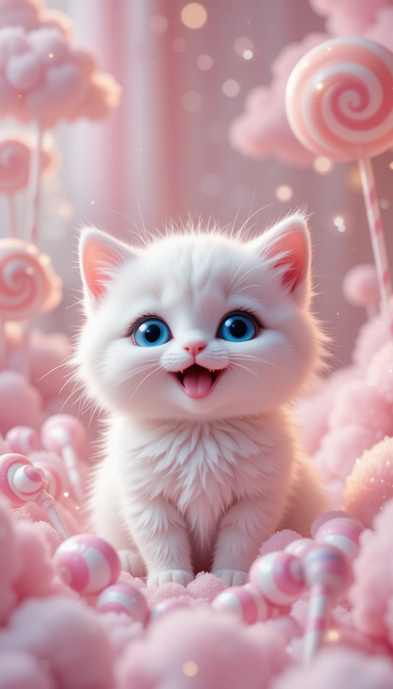 Gatinho branco sorridente em um mágico mundo de doces em tons pastéis