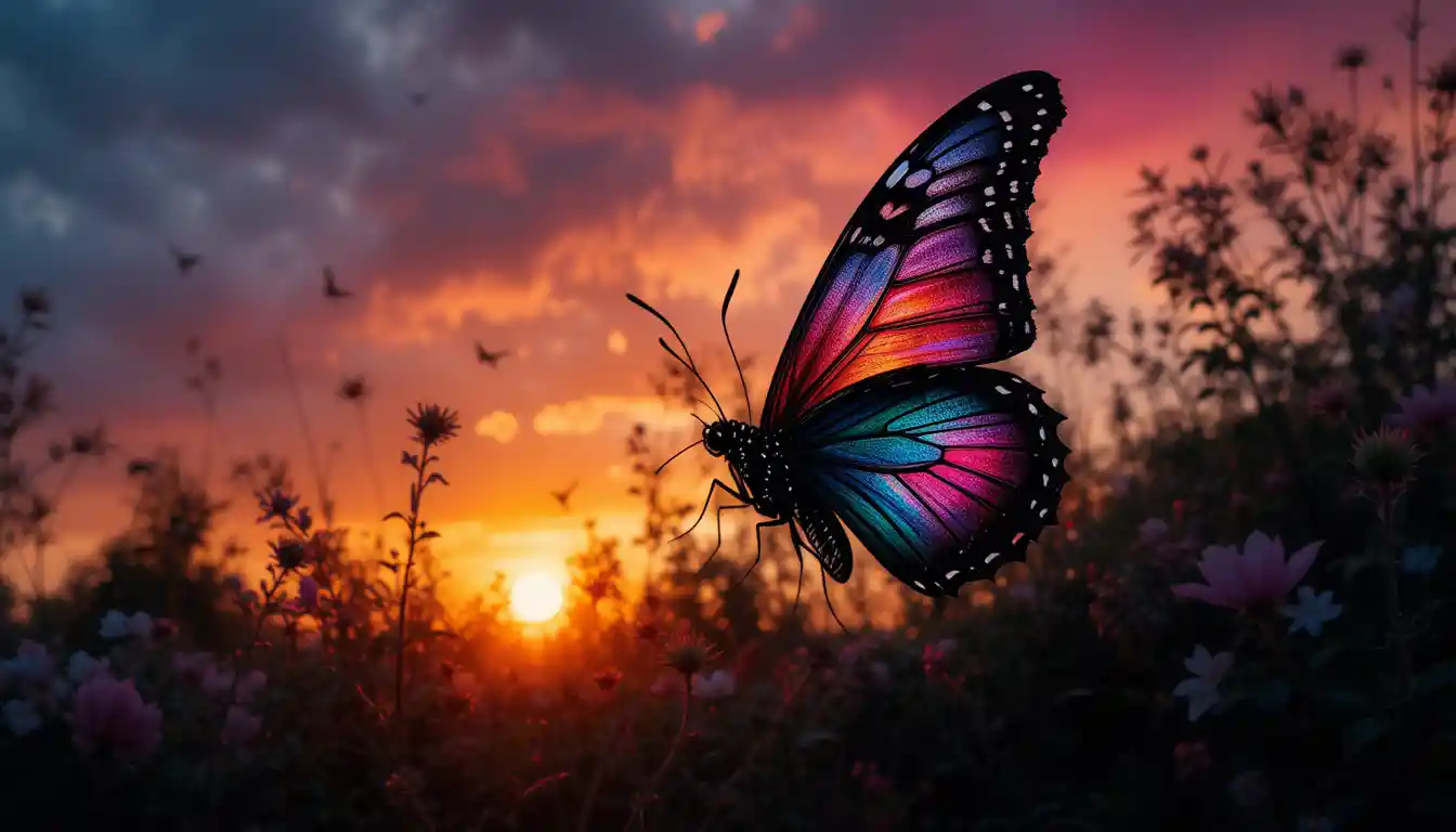 Silhouette butterfly against garden sunset double exposure