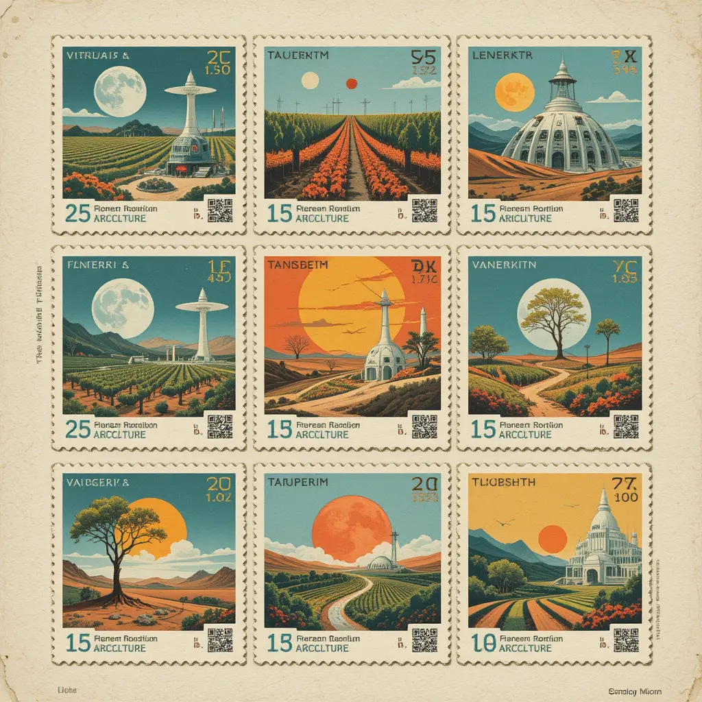 Feuille de timbres rétro-futuriste sur l’agriculture spatiale du futur
