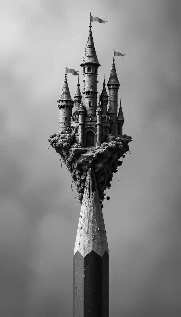 Tiny magical castle perched on the tip of a pencil