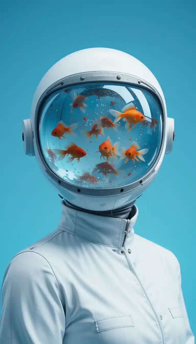Futuristic scientist portrait with water filled fish helmet