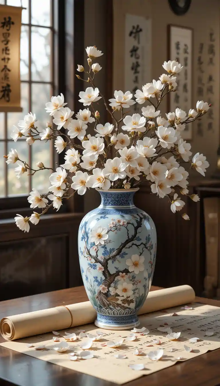 Blue Porcelain Vase With White Blossoms Still Life