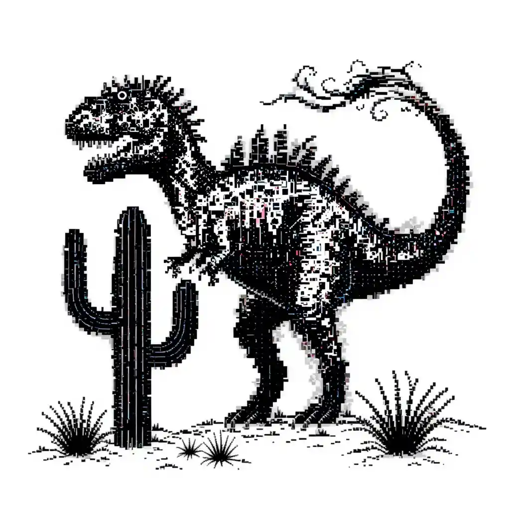 Pixel art dinosaur and desert plants on white background