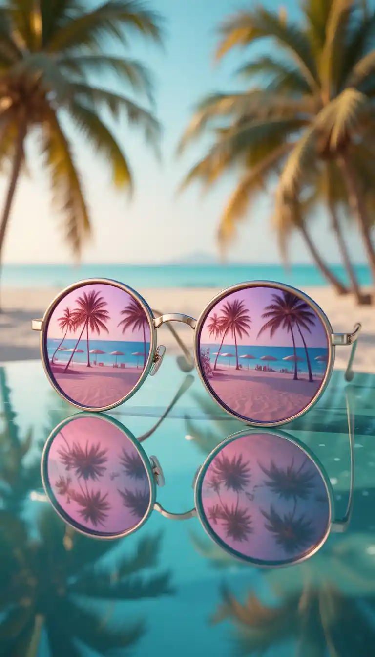 Gold sunglasses reflecting a tropical beach scene