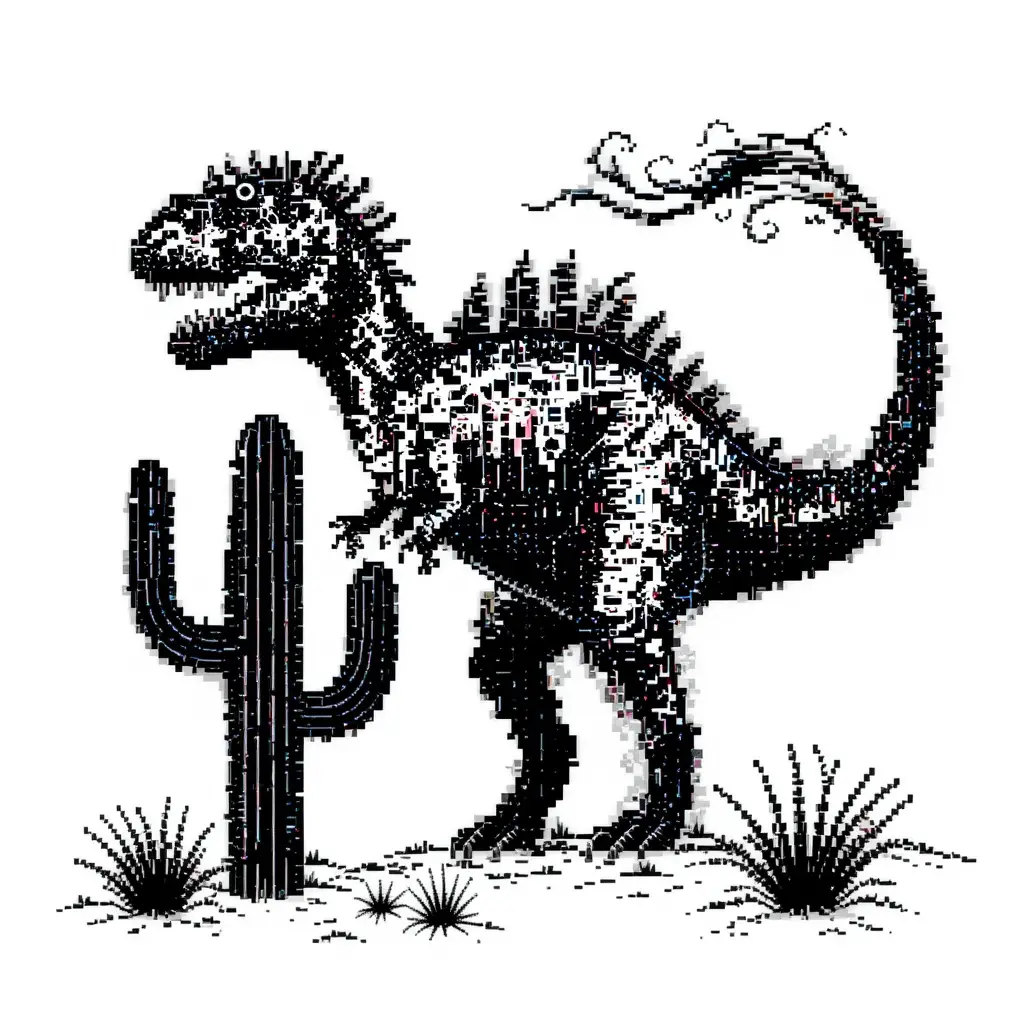 Dinosaure en pixel art et plantes du désert sur fond blanc