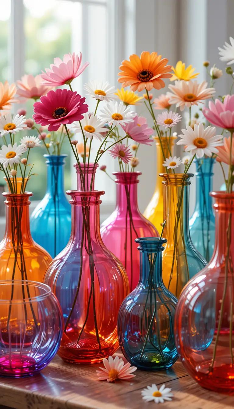 Vasi di vetro colorati con fiori in piena luce naturale