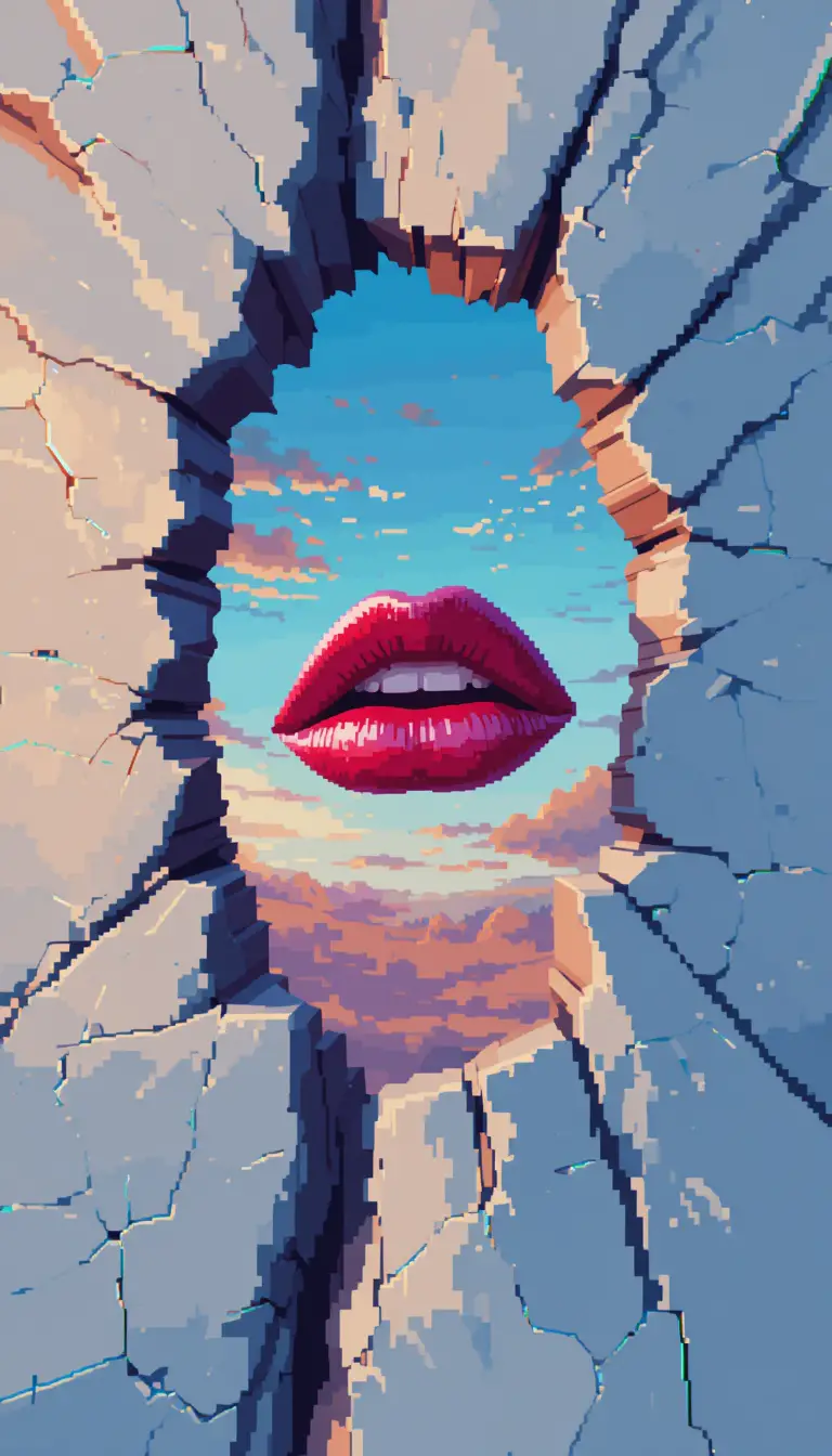 表面を突き破る赤い唇のシュールなドット絵