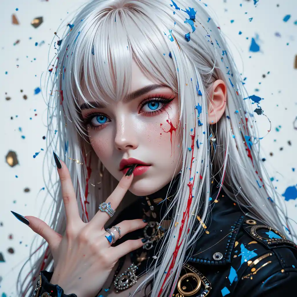 Anime woman with white hair in gothic fashion