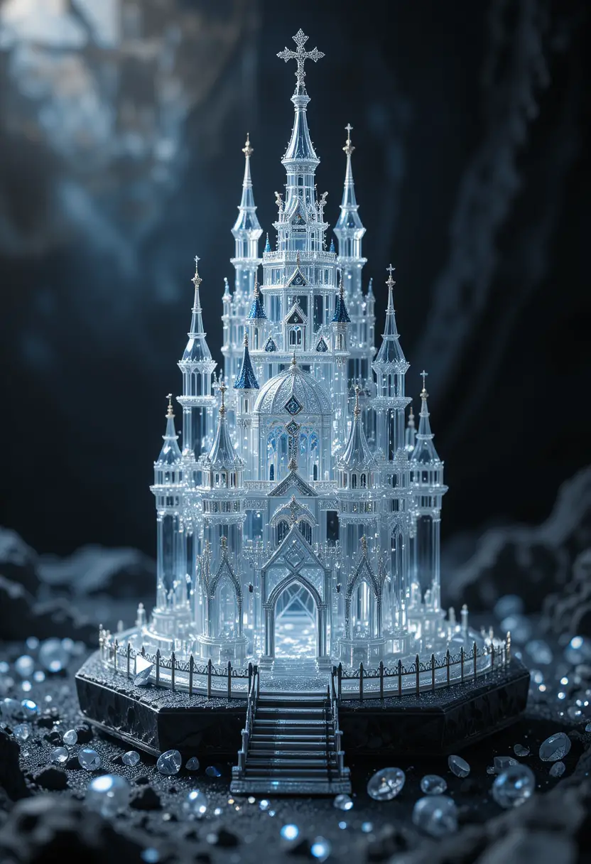 Gläsernes Diamantschloss in einer dunklen mystischen Welt