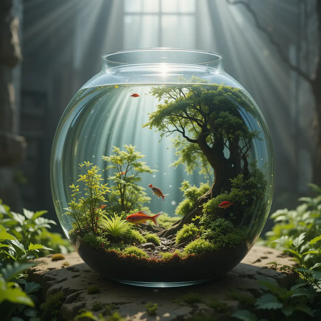 Foresta in miniatura surreale dentro di un minuscolo acquario di vetro