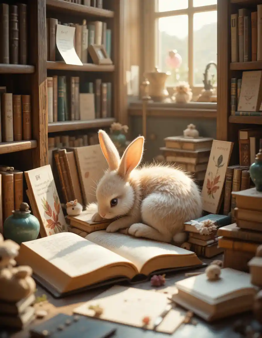 Babykaninchen ruht in einer gemütlichen Vintage-Buchladenecke
