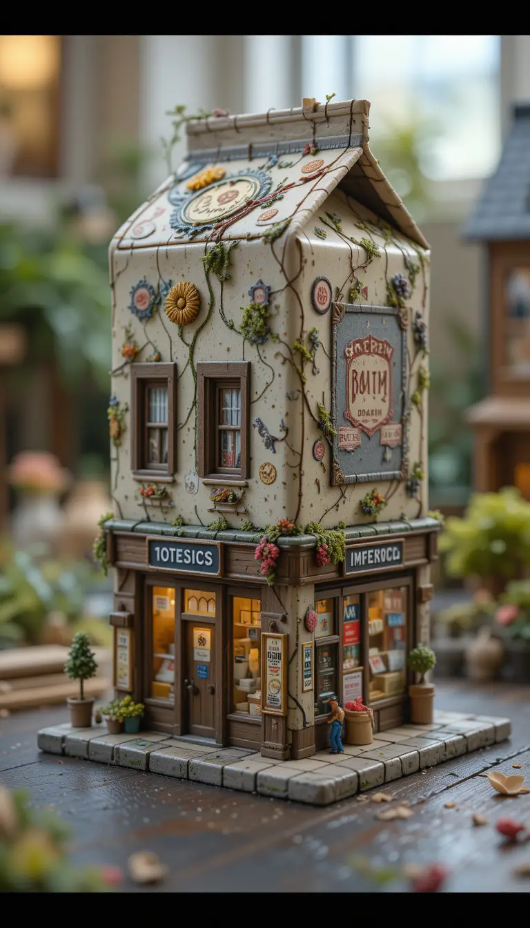 Miniatur-Milchkarton-Gebäude als winziger Lebensmittelladen-Diorama