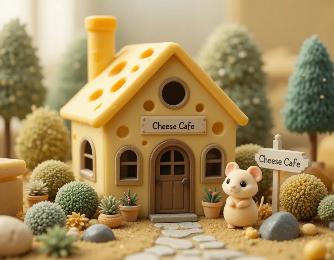 Diorama di grazioso cottage di formaggio con topolino di peluche