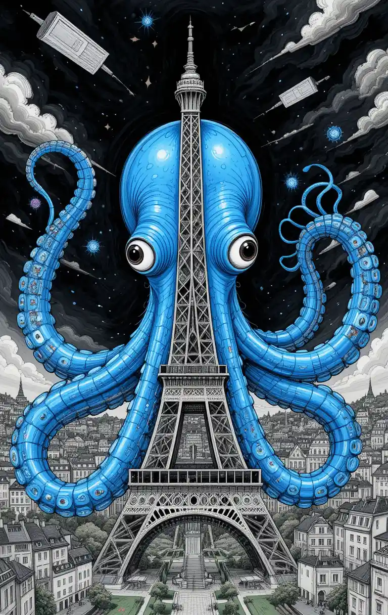 Surrealer blauer Kraken hält den Eiffelturm in Paris