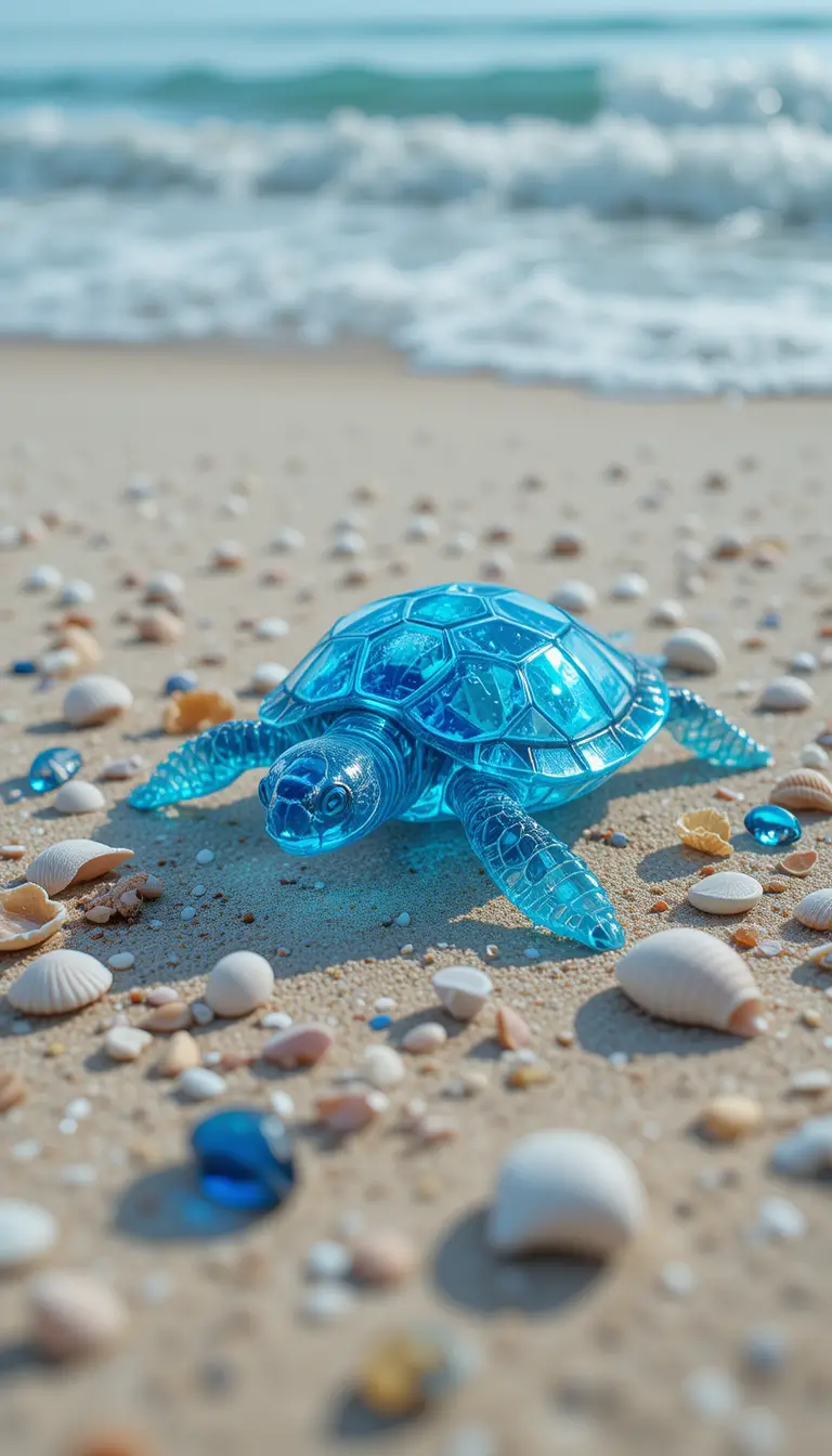 Transparente blaue Schildkröte am Sandstrand mit Muscheln und Edelsteinen