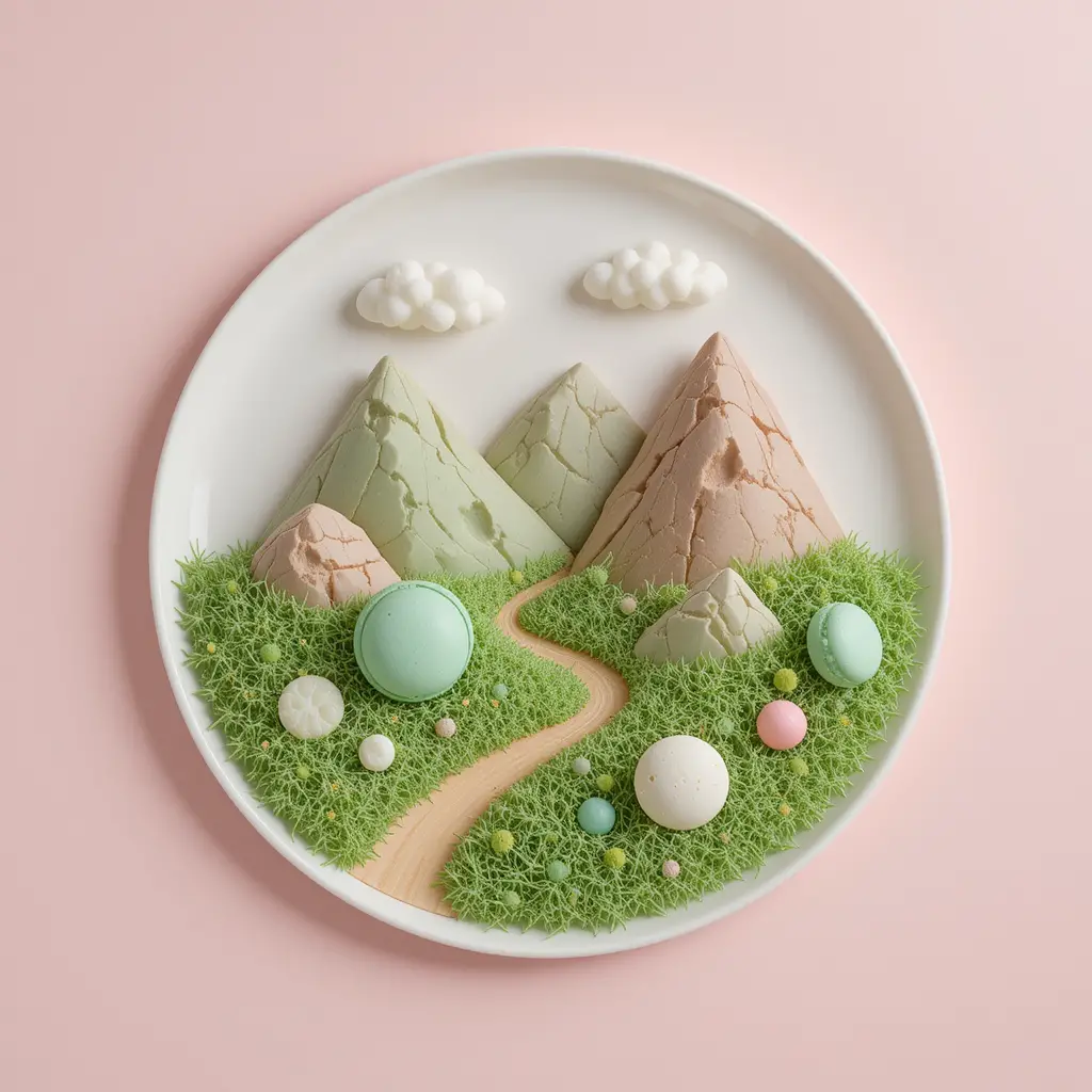 Minimalistische Tal-Landschaft aus verspielten Dessertformen