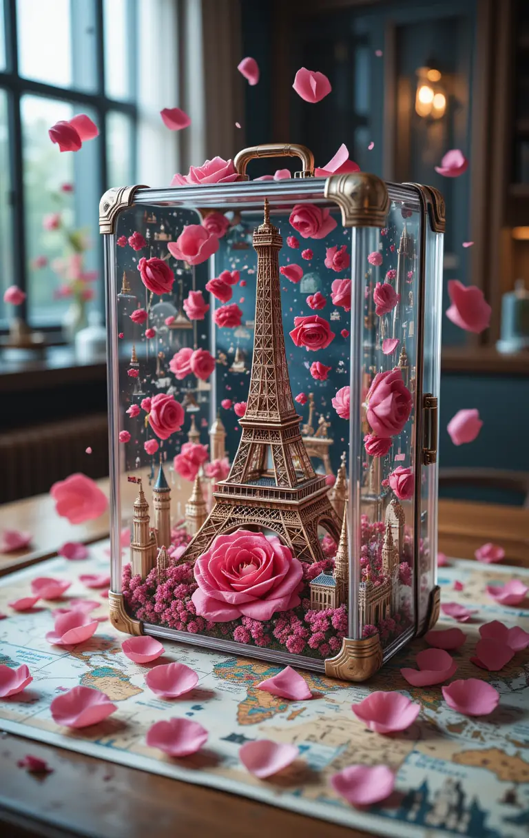 Valigia di vetro con Torre Eiffel e petali di rosa che cadono