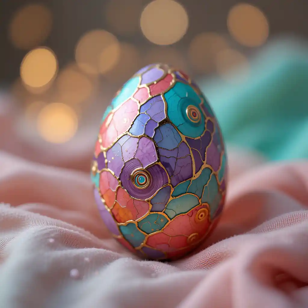 Decorated Easter egg on soft pastel fabric with bokeh
