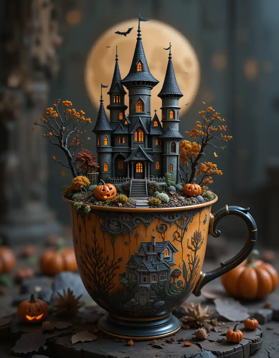 Tiny fantasy castle world inside a cup for halloween