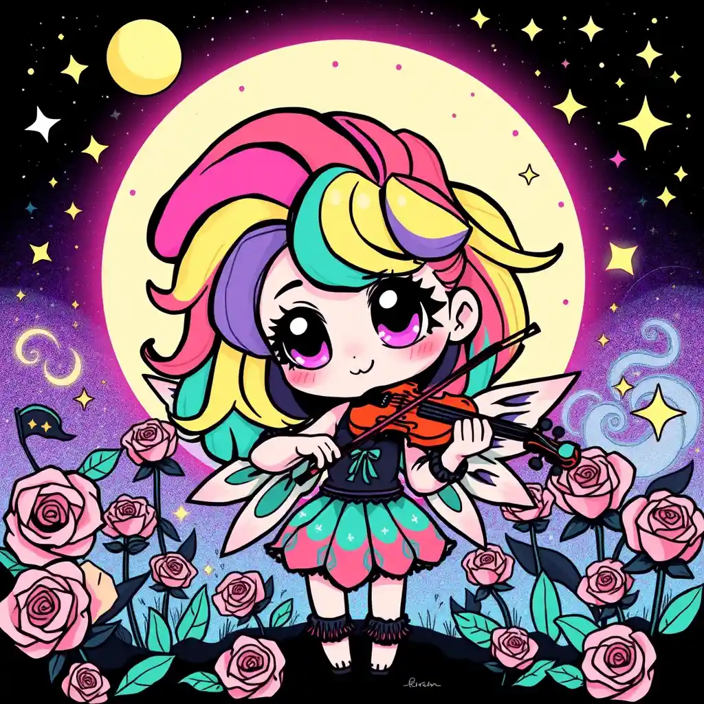 Kawaii fantasy girl playing violin in a magical moon garden
