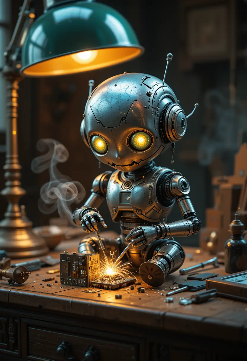Winziger Roboter repariert einen elektronischen Chip unter warmer Lampe