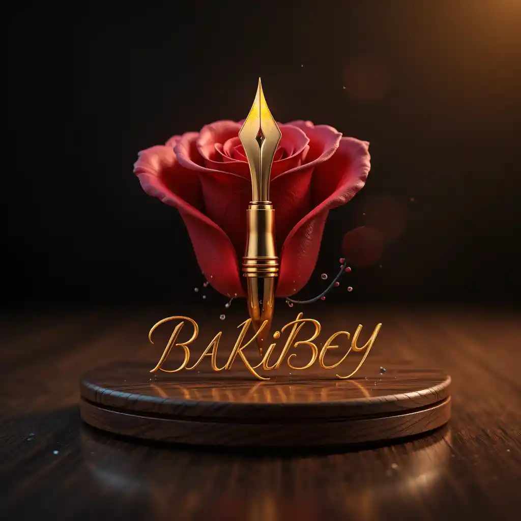 Logo con rosa dorata e penna stilografica su sfondo scuro