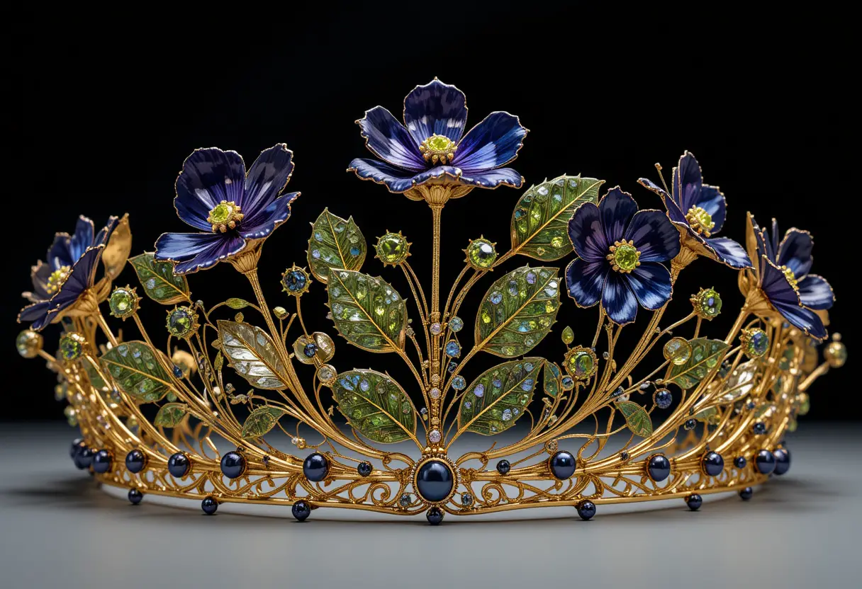 Anmutige goldene Tiara mit Peridot- und Saphir-Edelsteinen