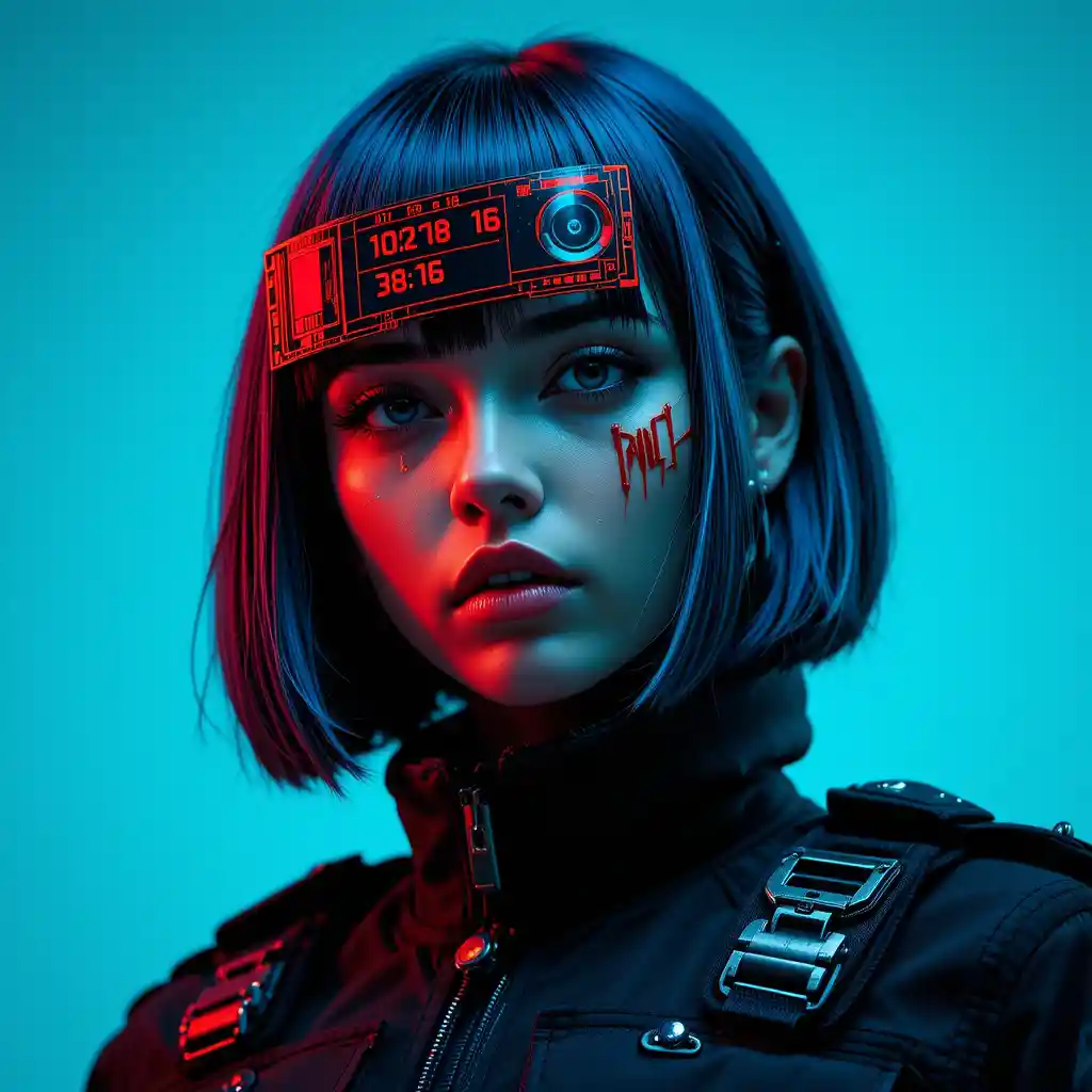 Cyberpunk portrait of woman with holographic time display