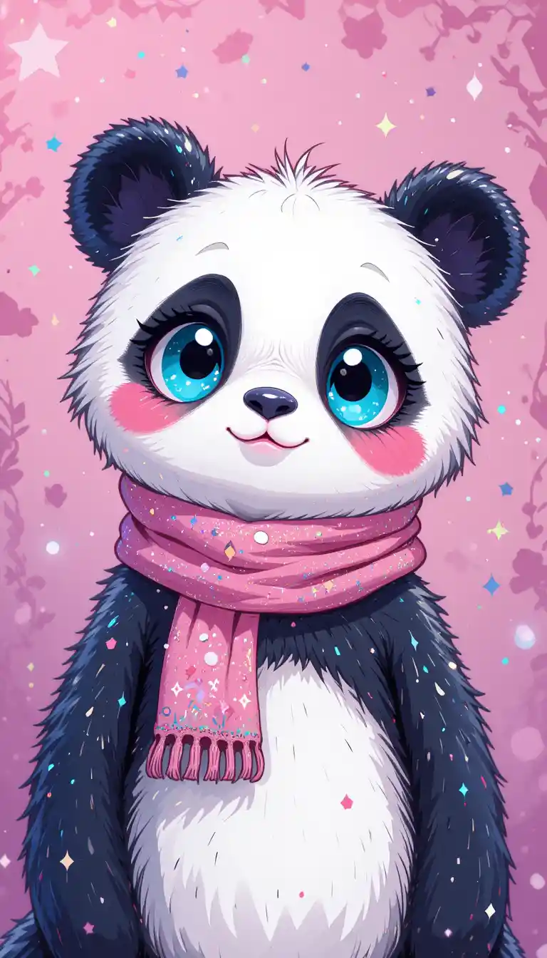 Cute kawaii panda with turquoise eyes and pink scarf