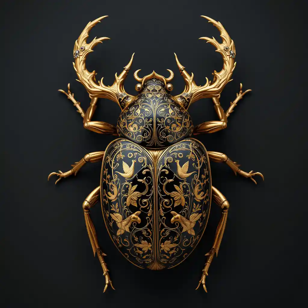 Gold and black porcelain beetle sculpture with ornate bird motifs