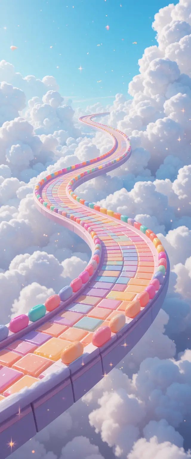 Pista da corsa di caramelle arcobaleno fluttuante sopra soffici nuvole bianche