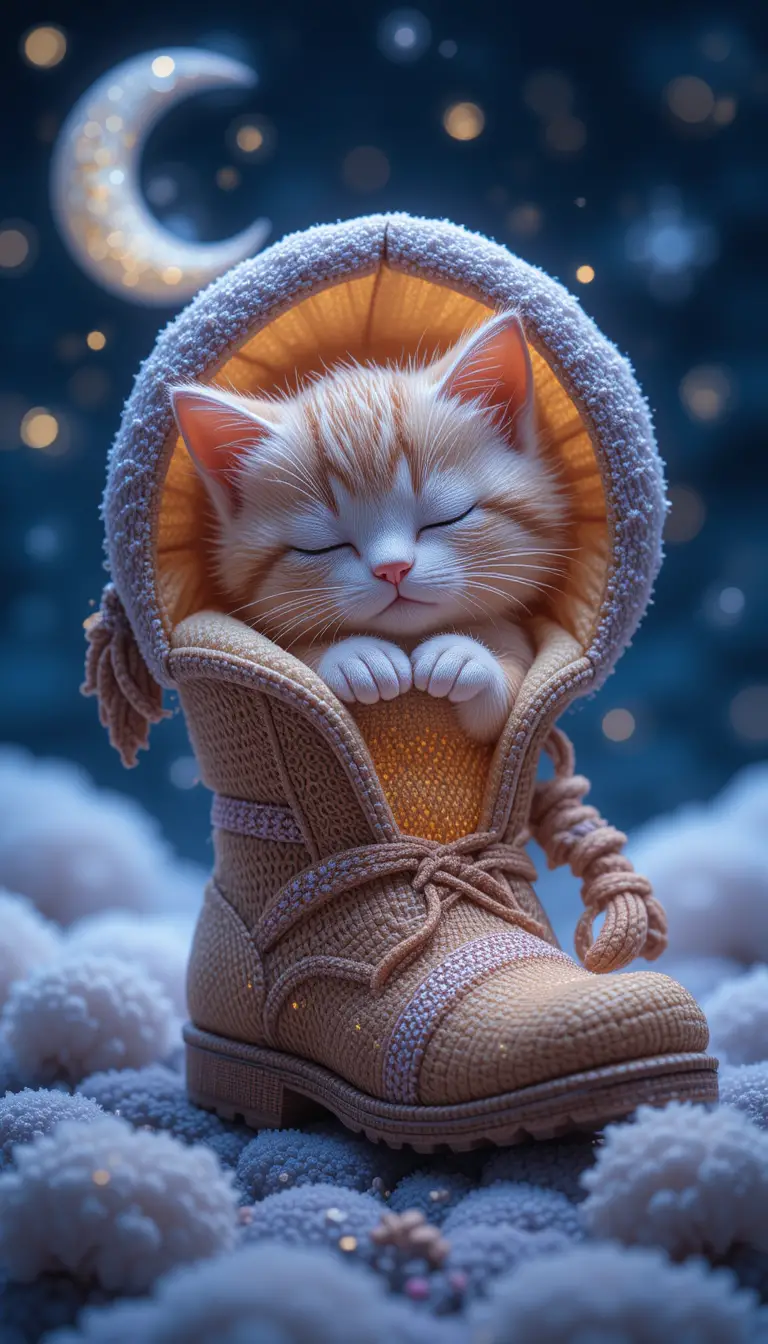 Cute embroidered kitten sleeping in a cozy boot