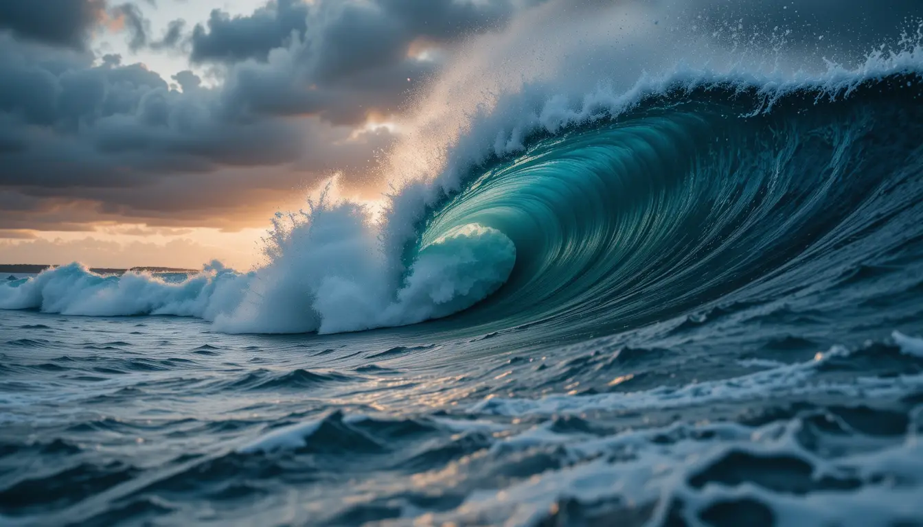 夕陽下強勁洶湧的海浪拍擊