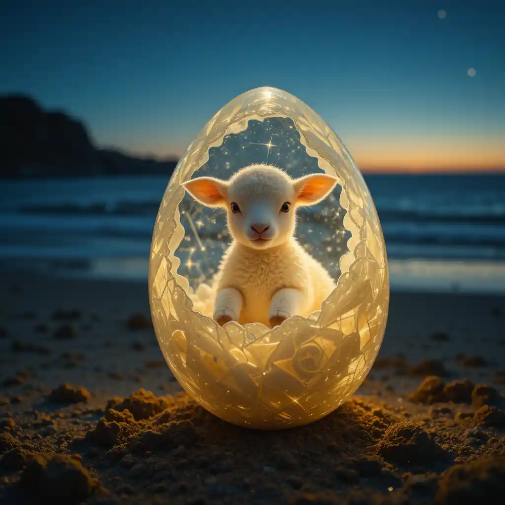 White lamb inside glowing glass egg on night beach