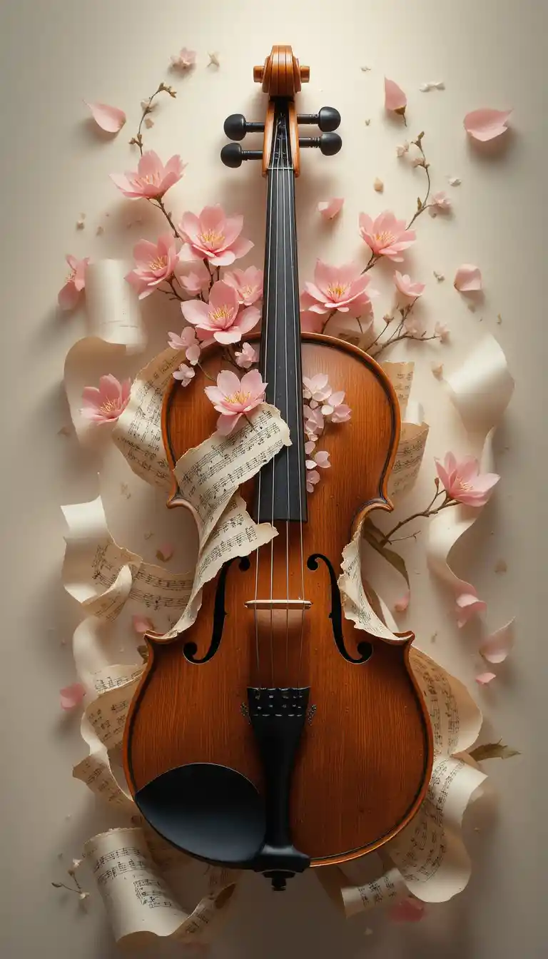 Natura morta surreale con violino e spartito in fiore
