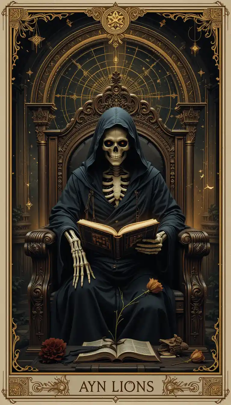 Hooded skeleton reading in a gothic celestial throne room