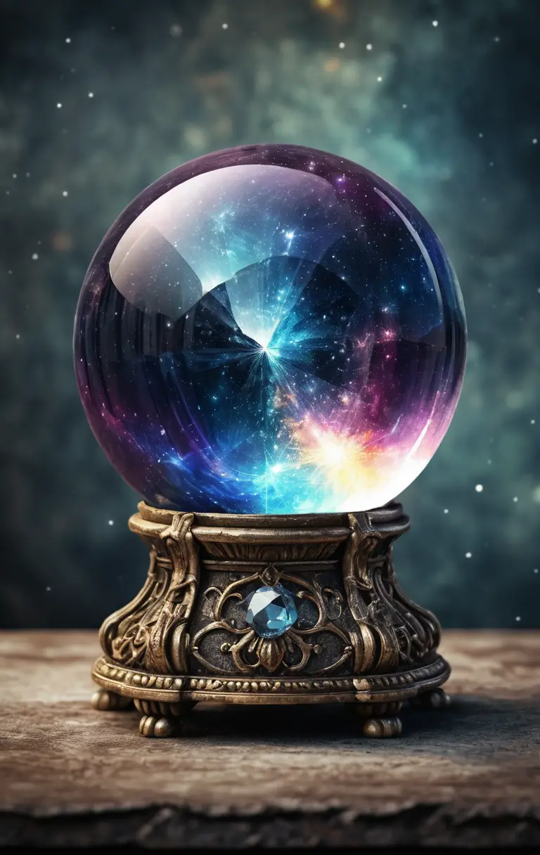Sfera di cristallo magica con galassia su sfondo astratto grunge