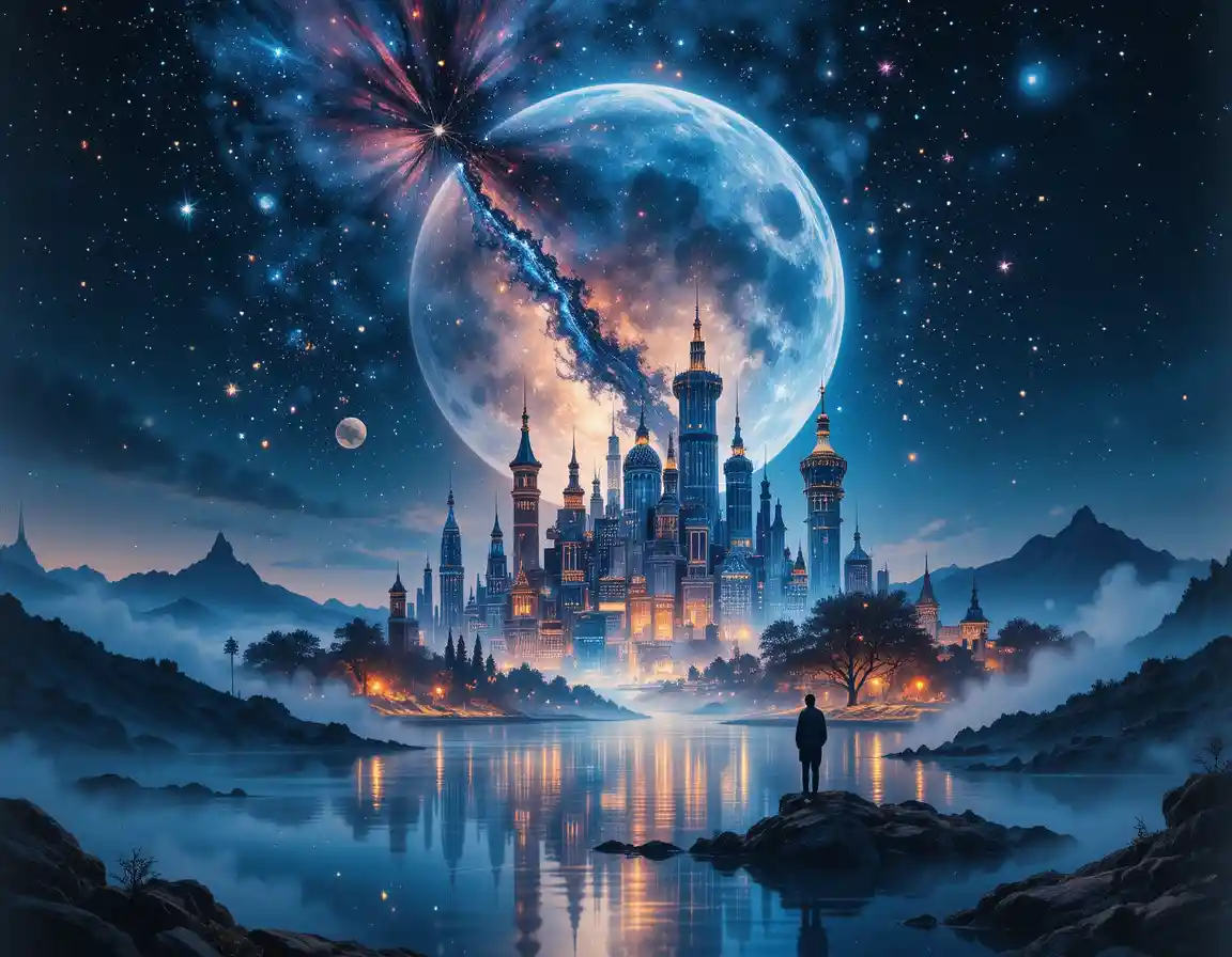 Cidade fantástica surreal ao luar em ilustração digital em aquarela