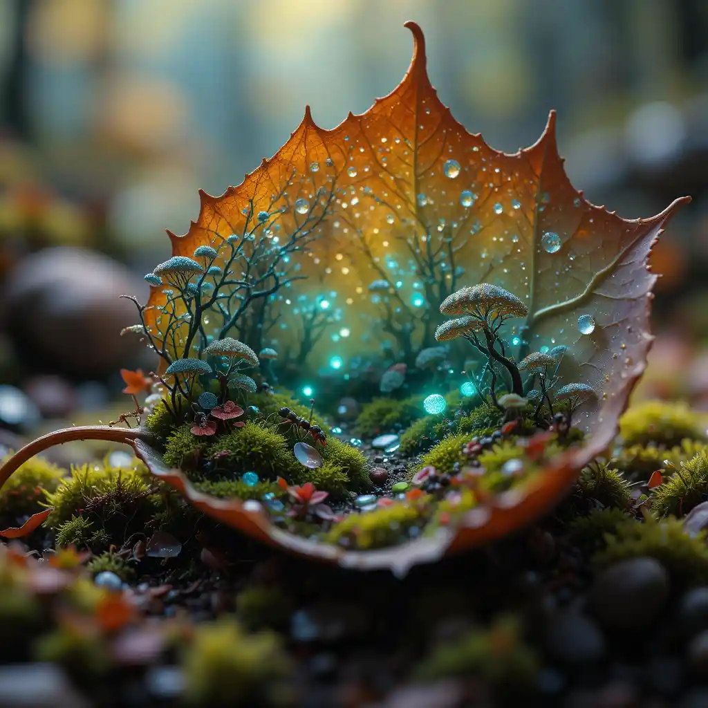 Verborgene Miniaturwelt unter einem einzigen leuchtenden Herbstblatt