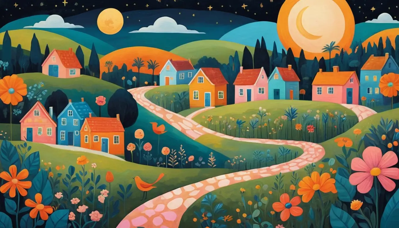 Ciudad de arte folclórico fantástica en un paisaje de ensueño