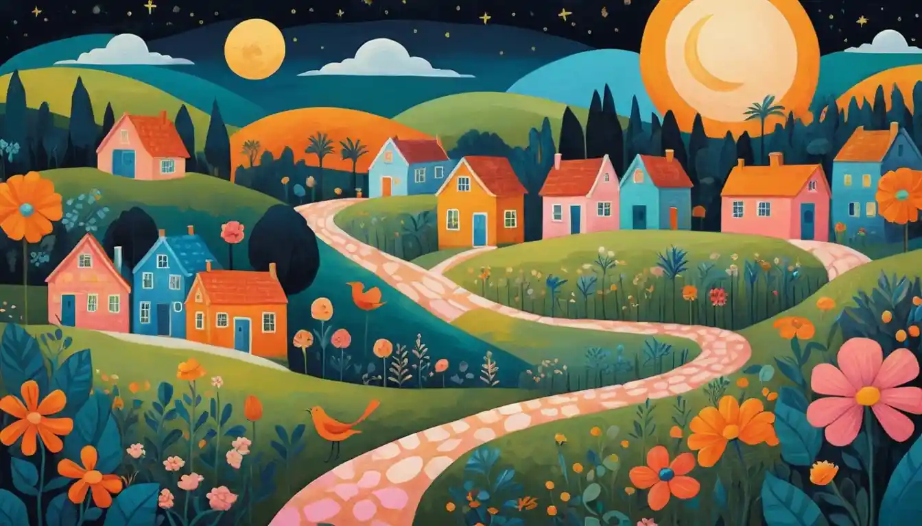 Ciudad de arte folclórico fantástica en un paisaje de ensueño