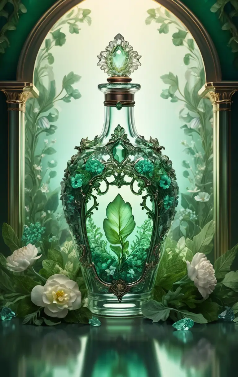 Verzierte Fantasieflasche, bedeckt mit Grün und Blumen
