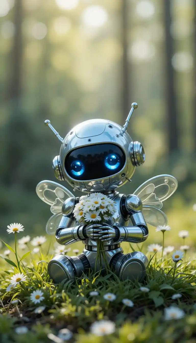 Dolce robot argentato che tiene margherite in una foresta soleggiata