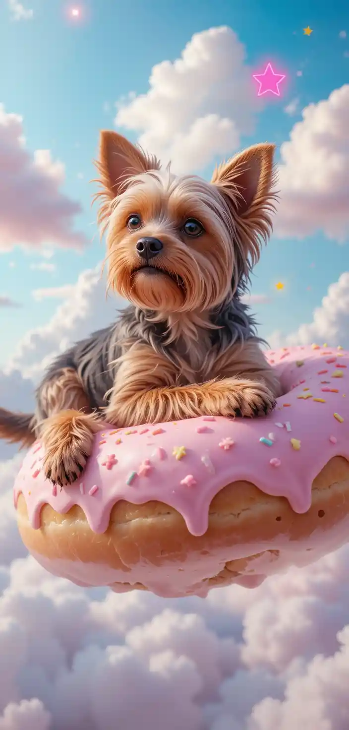 Yorkie ruht auf schwebendem Donut im verträumten Himmel